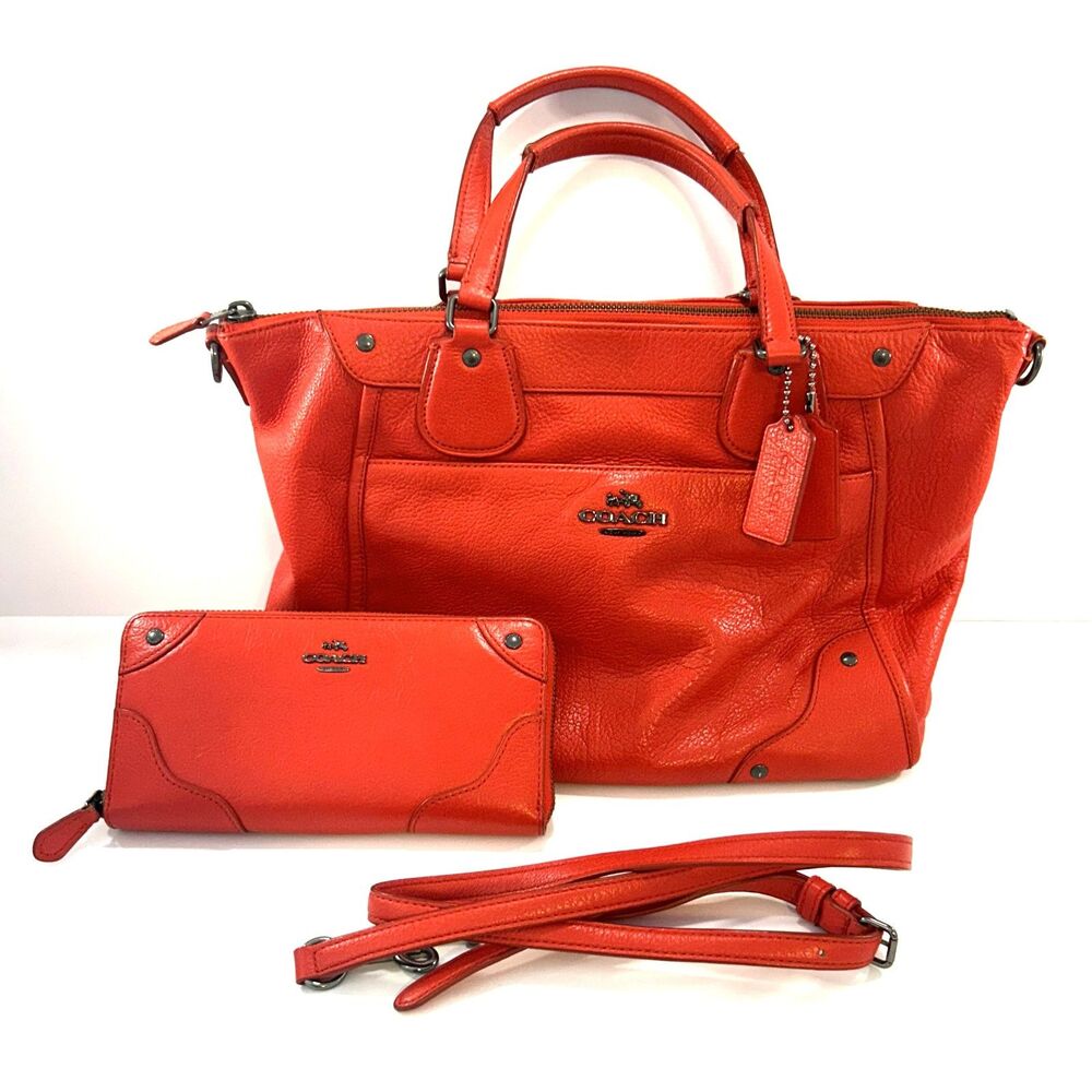 Coach Mickie Leather Satchel Crossbody & Matching Wallet Set - Cardinal Red